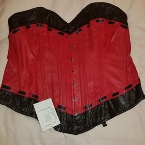 Leather red and black steel-boned corset.